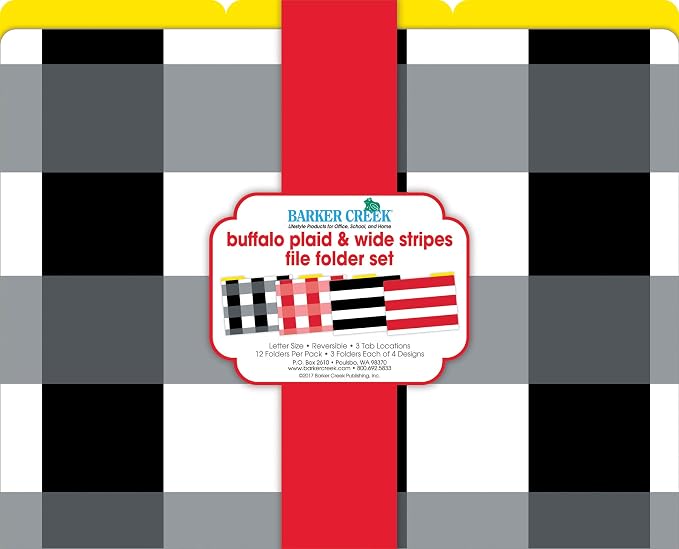 Barker Creek Designer File Folders Set of 12, Buffalo Plaid & Wide Stripes, Plaids, Stripes on Outside, Yellow on Inside, Letter Size, 1/3 Cut Tabs, 12-Pack, Home, School and Office Supplies (1341)