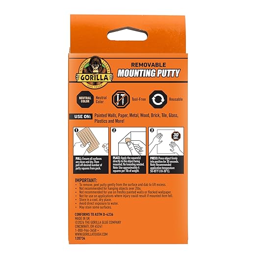 Gorilla Mounting Putty, Natural Tan Color, 168 Pre-Cut Squares (Pack of 1) - Non-Toxic Removable & Repositionable Wall Putty