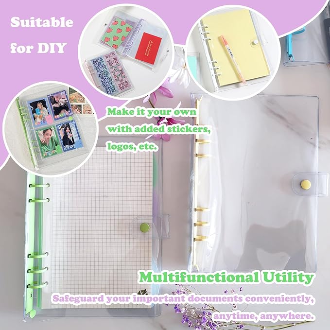 DY.2ten Pack of 2 Transparent Soft PVC 6-Ring Binder Cover with Snap Button Closure for 6 Hole Planner Pages Refill Insert (A5, Clear Cover + Yellow/Green Binder)