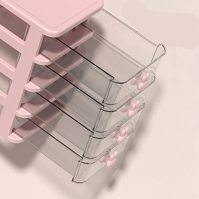 Plastic Desktop Storage Box Drawers, Stackable Desk Organizer with Bunny Handle Desktop Drawers Multi Tier for Office School(Clear) (Pink)