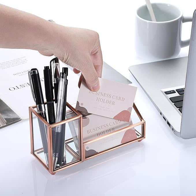Hipiwe Glass Business Card Holder Stand Metal Pen Pencil Storage Holder for Desk Clear Business Card Display Organizer Case for Office Home Desktop,Rose Gold