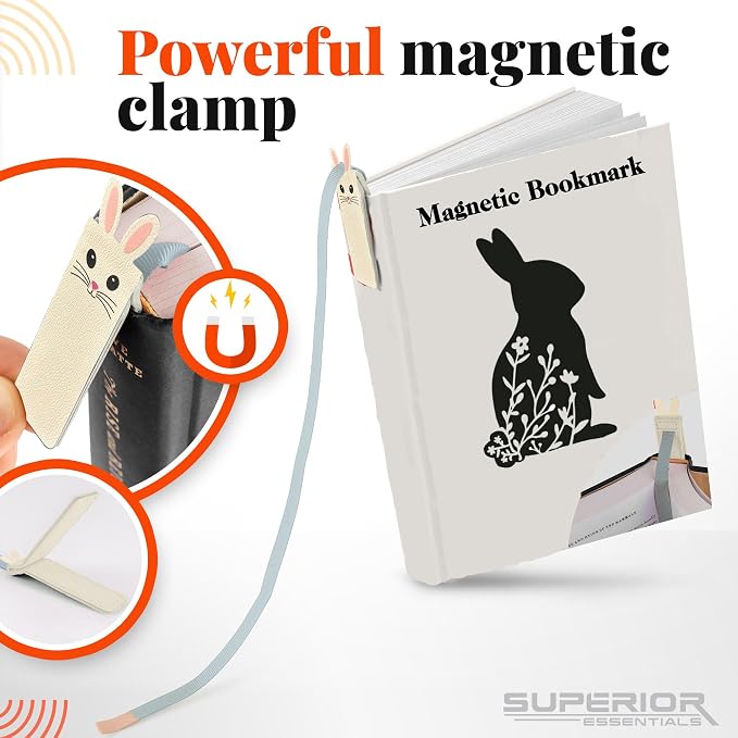 Superior Essentials Magnetic Bookmark-Genuine Leather, Single Long Ribbon Bible Bookmark for Book Lovers-Amplify Your Love for Books with Our Elegant Ribbon Page Marker (Bunny, 1PC)