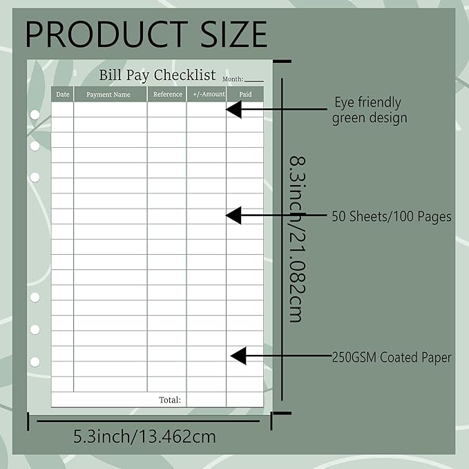50 Pack Payment Checklist Refills 6-Hole Punched Loose Leaf Budget Planner Refill - Colorful Monthly Budget Forms Budget Planner Note Card for A5 Binder Saving Organizer Budgeting (Green)