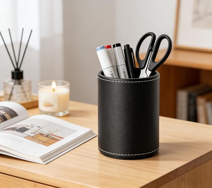 Round Pen Pencil Holder, PU Leather Pencil Cup, Desktop Stationery Organizer, Stand Desk Organizer, Office Accessories Container (Black)