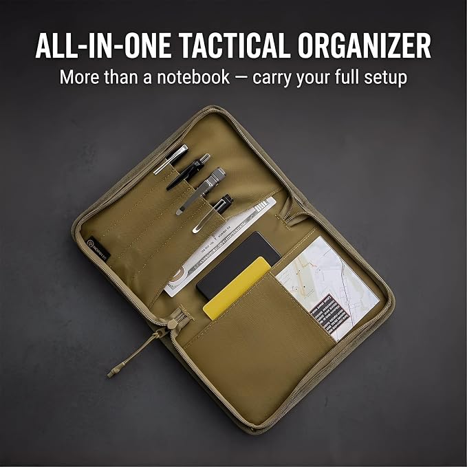 Kosibate Tactical Notebook Cover with Zipper,7.5" x 5" OCP Military Notebook Cover, Detachable Army Field Tactical Portfolio Organizer with Flag Patch, for Protecting Notes, Book(Tan, Cover Only)