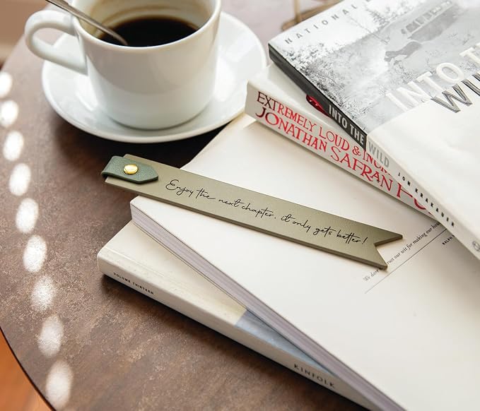 Engraved Leather Bookmark in Matcha - Enjoy the Next Chapter It Only Gets Better, Inspirational Gift for Graduation New College Student New Job Business Retirement