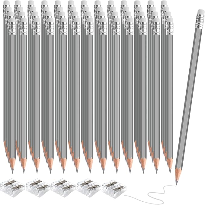 60 PCS Silver Pencils Bulk with Eraser, Pre-Sharpened HB Pencils for Writing & Drawing, School Supplies for Kids Homework, Tests, Art Crafts & Teacher Grading (Silver)