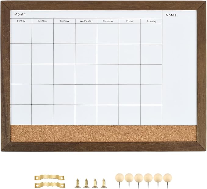 Dry Erase Calendar Whiteboard for Wal, Small Combination Dry Erase White Board & Bulletin Board, 10.5" x 14.5" Rustic Brown Framed Calendar/Cork Combo Board(ZHYL-RB-2737)