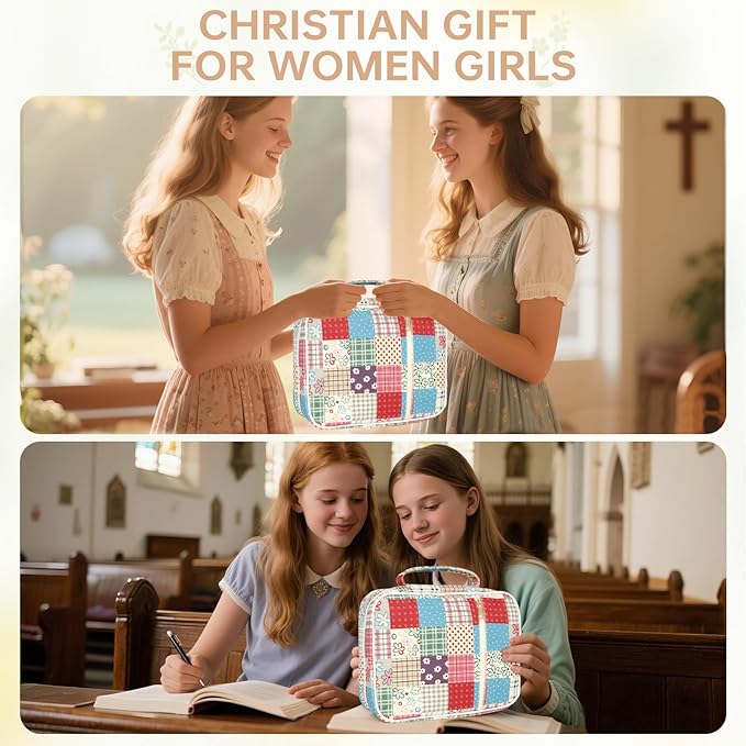 Bible Cover Case for Women Corduroy Bible Case for Girls Large Bible Cover with Handle Bible Study Supplies Accessories Christian Gifts for Women (Cute Plaid, Medium)