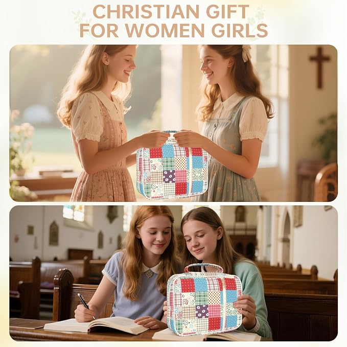 Bible Cover Case for Women Corduroy Bible Case for Girls Large Bible Cover with Handle Bible Study Supplies Accessories Christian Gifts for Women (Cute Plaid, Medium)