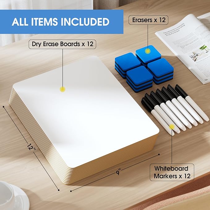 MaxGear Small White Board 12 Pack Dry Erase Boards, 9''x 12'' Mini Whiteboard Double Sided Portable Whiteboards for Students and Teachers School Supplies Lapboards Including 12 Markers and 12 Erasers