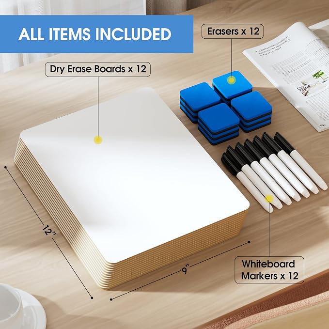 MaxGear Small White Board 12 Pack Dry Erase Boards, 9''x 12'' Mini Whiteboard Double Sided Portable Whiteboards for Students and Teachers School Supplies Lapboards Including 12 Markers and 12 Erasers