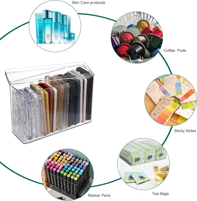 BTSKY Clear Phone Case Organizer Stackable Storage Box with Lid for Cell Phone Cases Multifunctional Phone Case Storage Holder for Desk Accessories Plastic Storage Box for Table, Cupboard, Cabinet