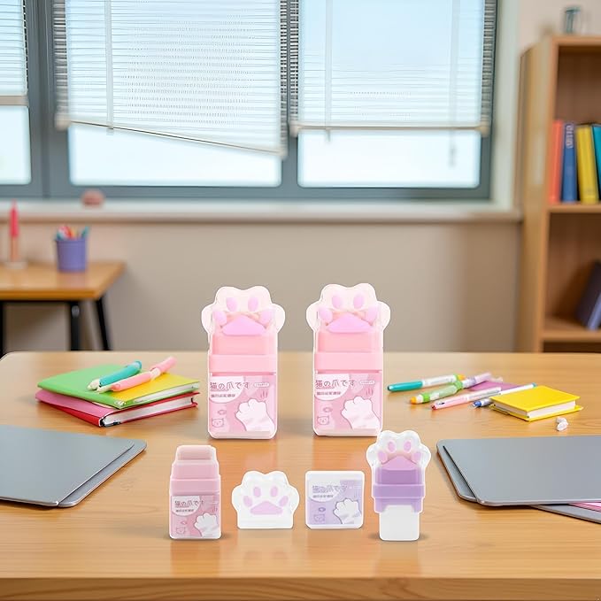 2Pcs Cat Paw Roller Eraser, Cute Cat Rubber, Multicolour Erasers for Kids, Colorful Roller Eraser, Kids with Shaving Roller Case for School Office Supply Stationery Erasers Office Supplies