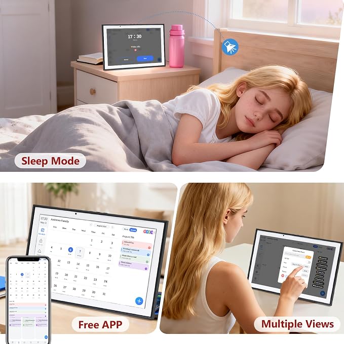 Digital Calendar 10.1 Inch Smart Electronic Planner, IPS Touch Screen, 32GB, Electronic Slideshow, Wall-mounted with Third-Party Calendar Sync, Chore Tracker, Meal Plan & Photo Display, Gifs for Mom