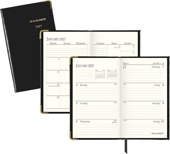 AT-A-GLANCE 2027 Planner, Weekly & Monthly, 3" x 5", Pocket Size Fine Diary, Faux Leather Hardcover, Black (7011110527)