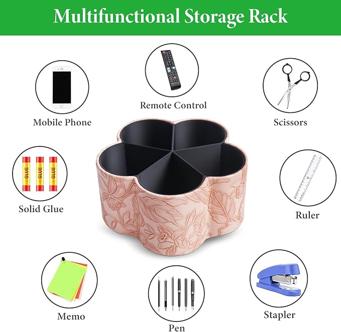 Flower Shaped Leather Art Supply Organizer,Remote Control Holder,360 Degree Spinning,Multi-Functional Pencil Holder,5 Compartments Desktop Stationary Organizer(1-Flower Pink)