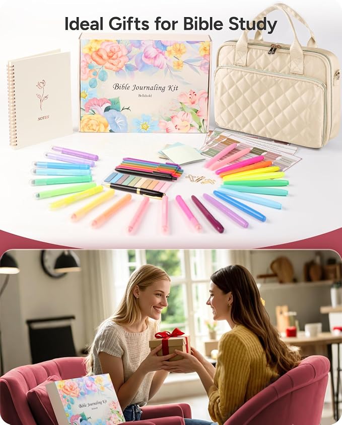 Bible Journaling Kit – Quilted Bible Cover Case for Women, 31 Highlighters, 75 Tabs, Bible Study Supplies & Christian Gift for Women and Teens (Shoulder Strap, Beige)