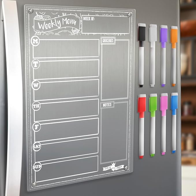 CHALKY CROWN Acrylic Magnetic Weekly Planner for Fridge - Menu Board for Kitchen with 8 Magnetic Markers - Weekly Meal Planner for Fridge with Grocery List & Notepad - Menu Planner (14.5x10.2)