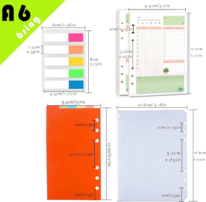 Rancco A6 Planner Inserts Daily Planner Refills, 90 Pages Colorful 6-Ring Loose-leaf Binder Inserts w/Divider, PVC Pouch, Ruler, Index Tab for Journal, Filofax, Double-sided, Undated,6.9x3.7"