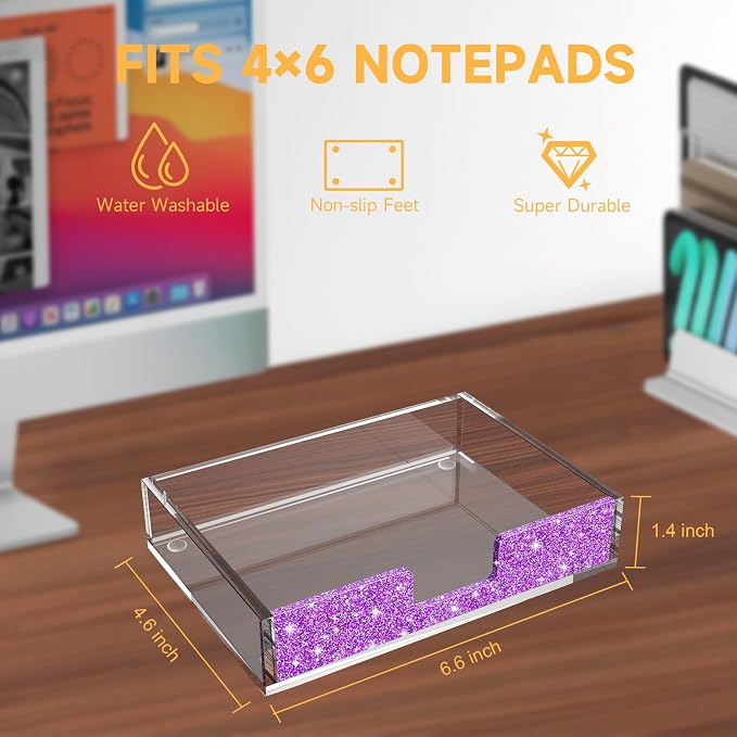 Acrylic Notepad Dispenser Organizer - 4 x 6 in Clear and Glitter Purple Sticky Note Holder W/O Pads Memo Holder for Dorm Room School Classroom Office Desk Organizer Aesthetic Supplies