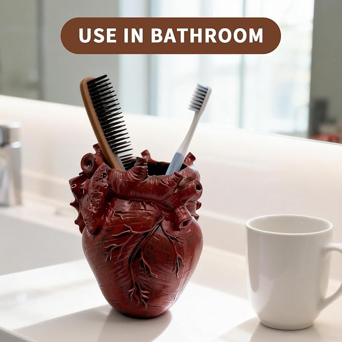 Anatomical Heart Pencil Holder, Resin Organ-Shaped Pen Cup Desk Organizer Decor, Makeup Brush Holder, Compact Desk Accessories Gift, Pen Holder for School, Office(RED)