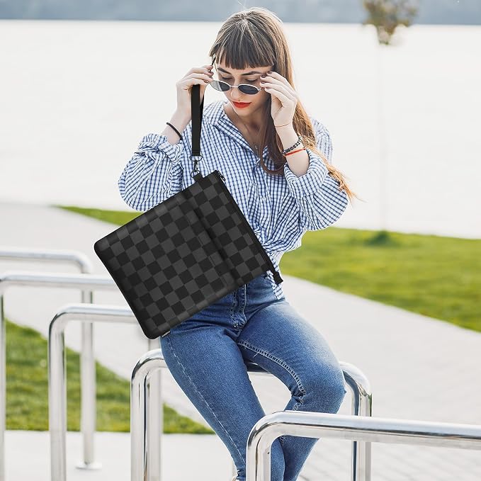 Book Sleeves with Zipper, Travel Book Protector Pouch for Paperbacks & Hardcover Books, Book Covers Bags Carry Case/Front Pocket & Handle Strap for Book Lovers Mother's Day (Black with Block, 1 Pc)