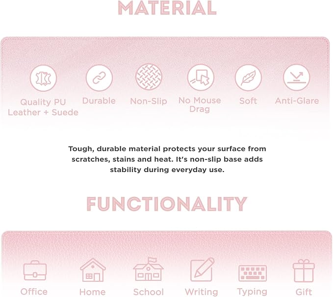 FTC PU Leather Desk Pad & Desk Blotter, Non-Slip Flannelette Base, Stitched Desk Mat for Keyboard, Mouse & Writing, Home or Office (Pink, 31.5” x 15.75”)