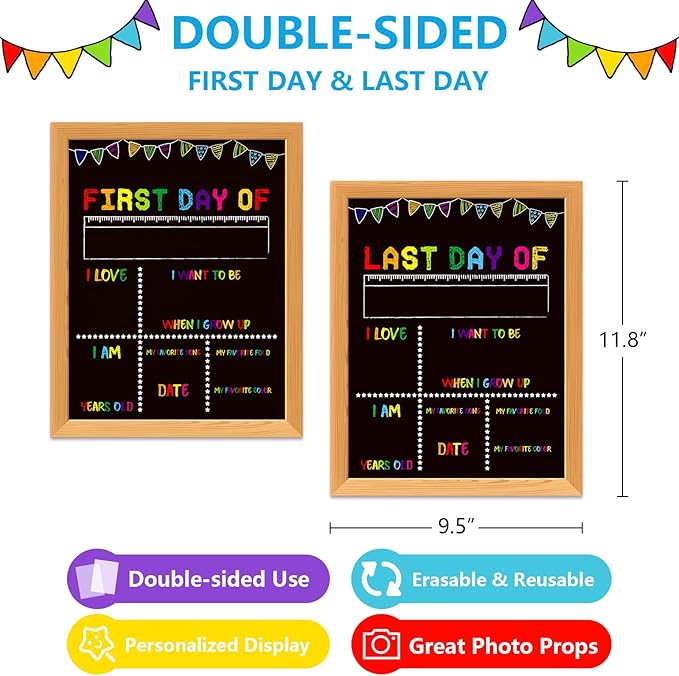 First Day of School Board Sign - Double Sided First and Last Day of Preschool Kindergarten Chalkboard Sign Reusable & Erasable Back to School Supplies Photo Prop Gift for Kids Girls Boys