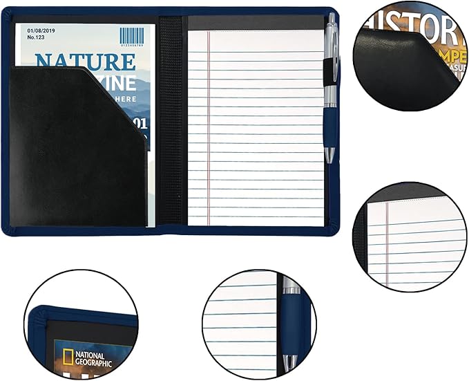 A5 Padfolio Business Portfolio Folder,Junior Size Document Folder Organizer, Padfolio with Interior Pocket and Pen Loop, 5 x 8 Writing Pad Included, Navy Blue.