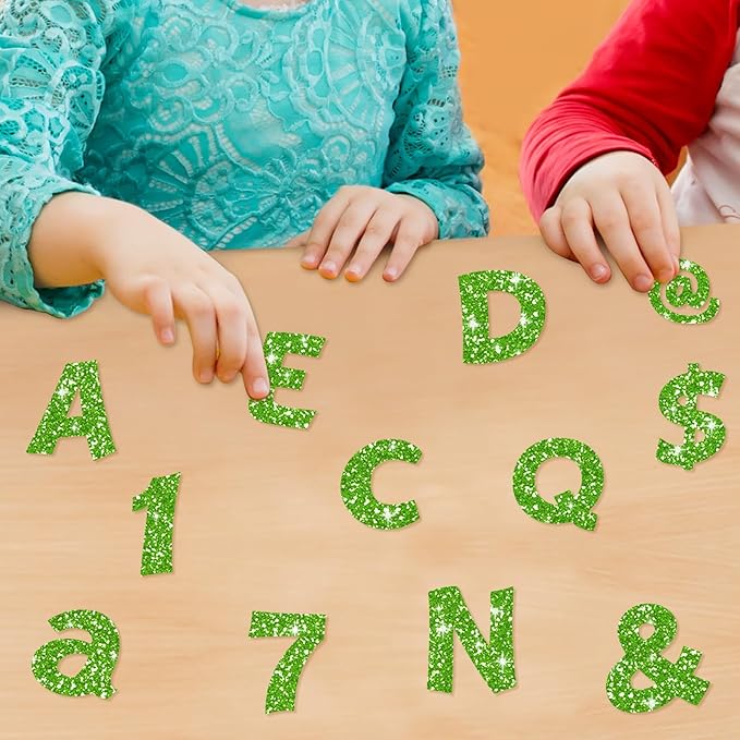 Colarr 216 Pcs Glitter Bulletin Board Letters for Classroom Number Alphabet Punctuation Symbol Cutout 4'' Die-Cut Poster Letter with Adhesive Dot School Party Holiday Decor Display(Lime Green)