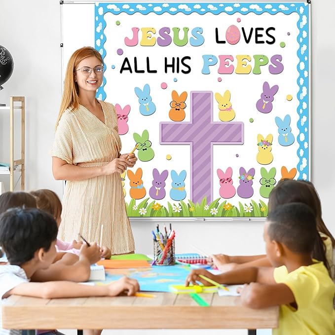 Easter Christian Bulletin Board Set Jesus Loves All His Classroom Decorations Bunny Cross Eggs Religious Bulletin Board Cutouts for Easter Spring Sunday School Church Chalkboard Decor Supplies
