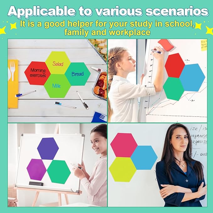 Gueevin 12 Pcs Hexagon Shape Magnetic Dry Erase Board Set 8 Hexagon Small Erase Board Magnet with 4 Dry Marker for Teachers Students, School Classroom Activity Planning, Rainbow Colors