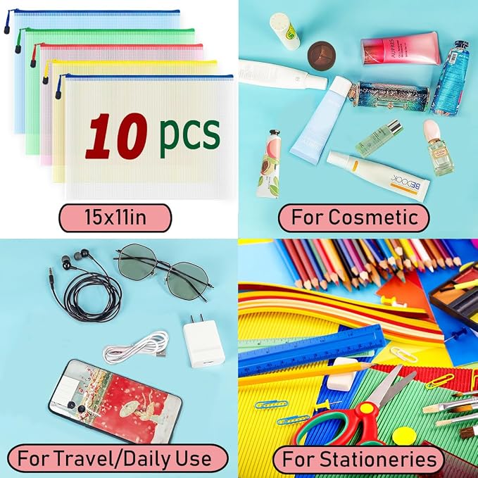 10 Pcs Zipper File Bags, Waterproof Plastic Mesh Pouch for Office School, Board Game Storage Bags (B4 Size 15''x11'', Multicolored)