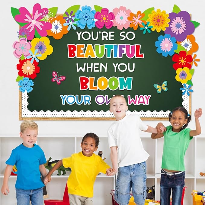 Spring Floral Bulletin Board Bloom Your Own Way Bulletin Board Decorations Inspirational Floral Butterfly Paper Cutouts for Summer School Office Home Nursery Chalkboard Wall Door Supplies