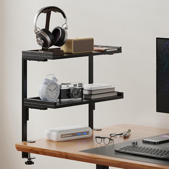 Clamp On Desk Shelf 2-Tier, 16.5 in Wood Shelving Unit for Office Desk/Gaming Accessories, Tabletop Book Storage Rack, Shelf for Top of Desk, Black