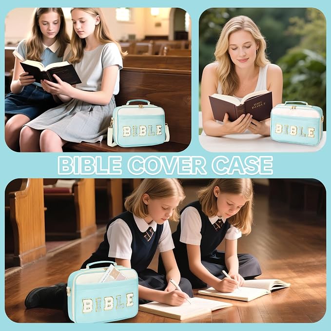 Bible Cover Case for Women Bible Study Supplies Bible Journaling Kit Large Preppy Chenille Letter Bible Tote Bag Carrying Case Christian Gifts for Girls (Blue, Large)