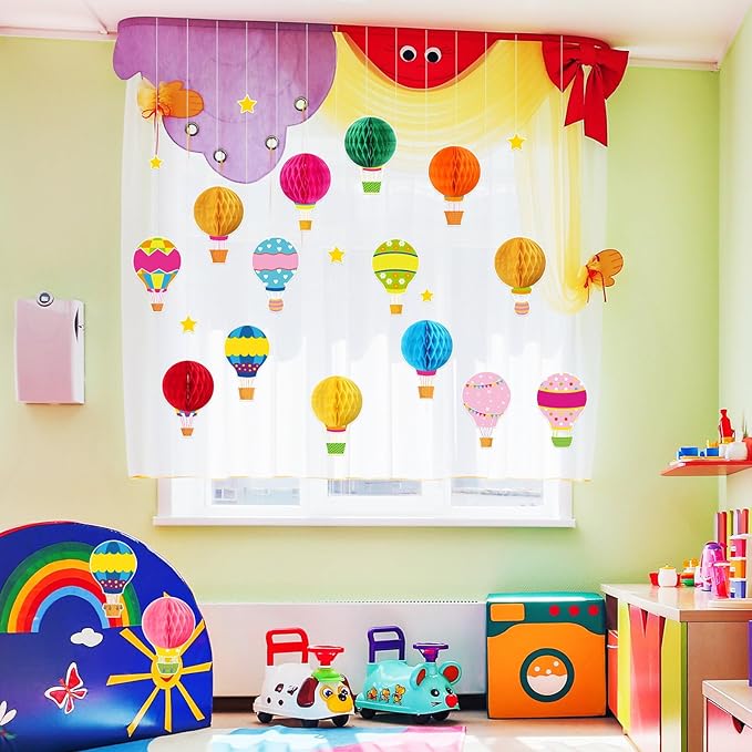 Funrous 82 Pcs Colorful 3D Hot Air Balloon Honeycomb Bulletin Board Set Hot Air Balloon Cloud Rainbow Sun Cutouts Honeycomb Bulletin Board for Preschool Kindergarten Back to School Classroom Supplies