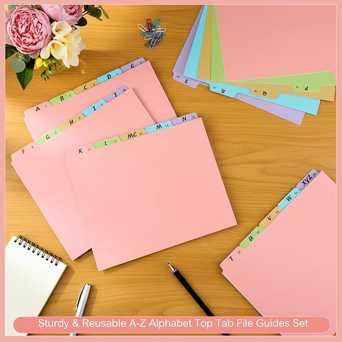 2 Set 50 Pcs Alphabet File Dividers A-z Top Tab Guides Set, Letter Size Filing Organizers 1/5 Cut Alphabetical File Folder Tabs for Home, Office, School(Pink)