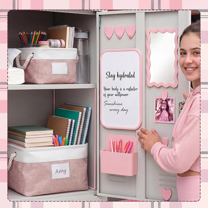 Gerrii 2 Pcs Locker Accessories Kit Pink Locker Organizers Storage Bin with PVC Label Fabric Basket Back to School Essentials Sturdy Cube Storage Bin for Back to School Cabinet Organizer Decor