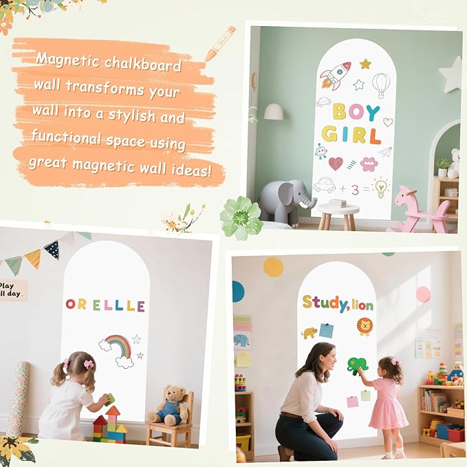 Arch Magnetic Wall Decal for Kids 39.3x17.5 Inch White Magnetic Chalk Board Sticker Magnet Chalkboard for Wall Peel and Stick Self Adhesive Blackboard Multifunctional for Playroom Home School
