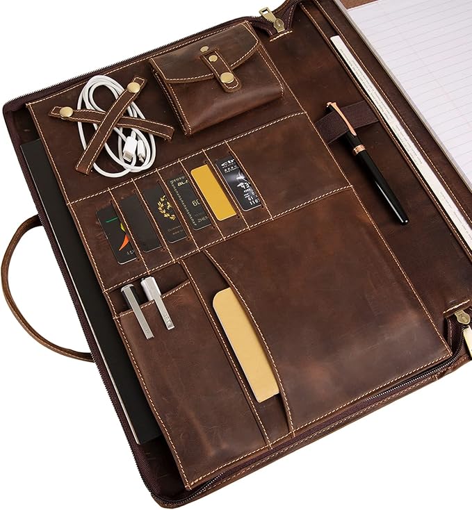 Genuine Leather Portfolio, Padfolio Organizer with Handle, Personalized Padfolios,Padfolios with Zipper for Men Women,Suitable for 15-inch Laptop Legal Pad Padfolio, Dark Khaki