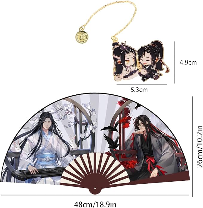 Demonic Hand Held Bamboo Silk Folding Fan Hand Fan Mo Dao Zu Shi Metal Bookmark for Women Men Fans 2 Pcs