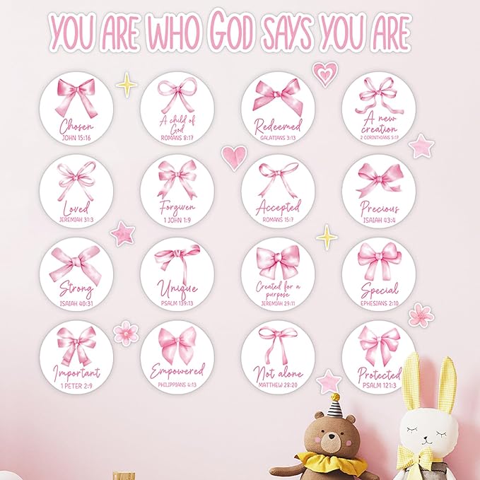 Christian Bulletin Board Decorations Inspirational Bulletin Board Set Pink Bow God Says You are Religious Classroom Wall Decor VBS Motivational Cutouts for Sunday School Home Church Supplies