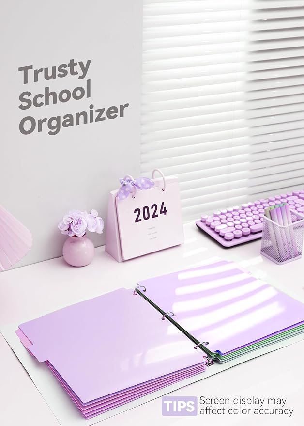 SortRax Plastic Folders with Pockets 3 Hole Punched, 6 Pack Purple Pocket Folders for 3 Ring Binder, Unique 1/3 Cut Tabs with Colorful Labels, Letter Size