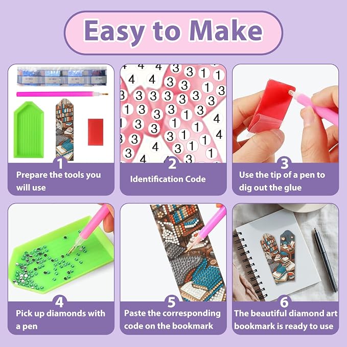 Book Diamond Art Bookmarks for Adults, 4 PCS Book Diamond Painting Bookmarks with Pendant, 5d Gem Art, Acrylic Bookmark Easy DIY Crafts for Books Decor Gift