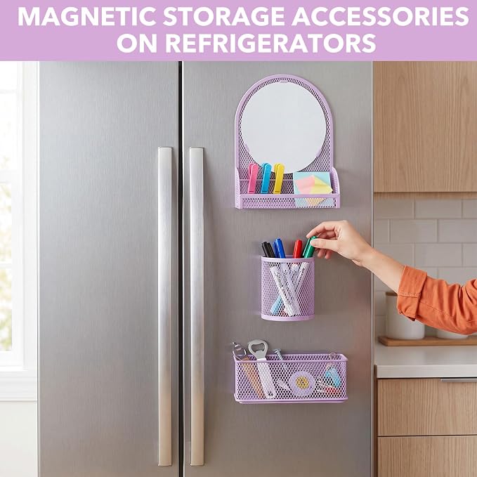 Weysat Set of 5 Magnetic Locker Accessories Mirror with 2 Magnetic Pen Holder and 2 Wire Mesh Storage Basket for Students Back to School Locker Organizer for Office End of School Years Gifts (Purple)