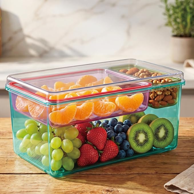 MOSSRIVER 4 Pack Clear Drawer Organizer Set, Plastic Desk Organizer Bin with Lid & Trays, Colorful Storage Box with Removable Trays for Cosmetics, Jewelry, Bedroom, Bathroom, Office, Combo 07