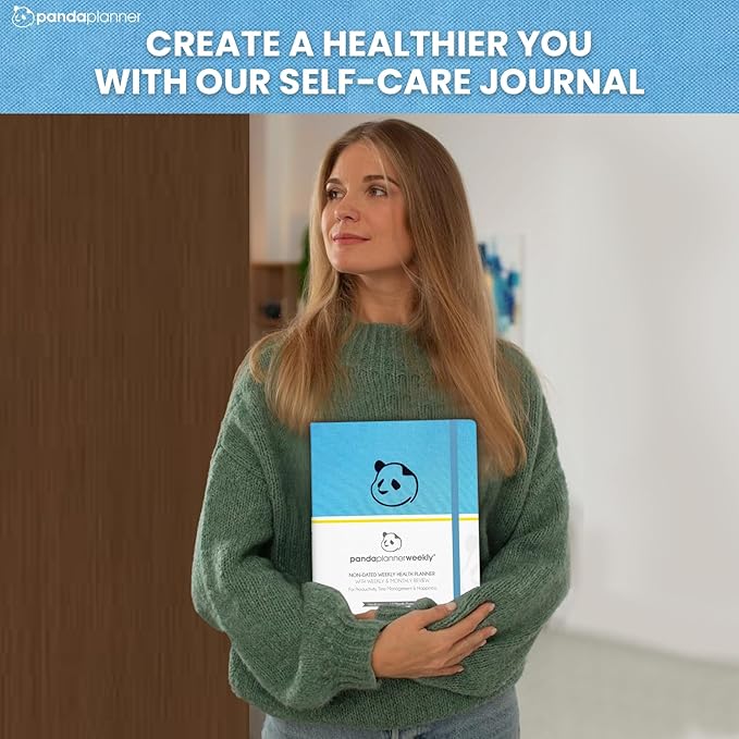 Panda Planner Mental Health Journal – 8.5” x 11" Soft Fabric Hardcover Wellness Planner with Mood Tracker & Journaling Prompts – Undated 12-Month Self-Care Organizer with 3 Bookmarks (Blue)