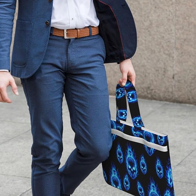 Business Document Handbag Blue Fire Flame Skull Art, Zippered Canvas File Bag with Handle for Office Meetings and Travel